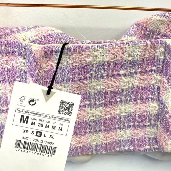 NWT Zara Pink Purple White Plaid Tweed Textured Corset Crop Top Sz M - Picture 6 of 9